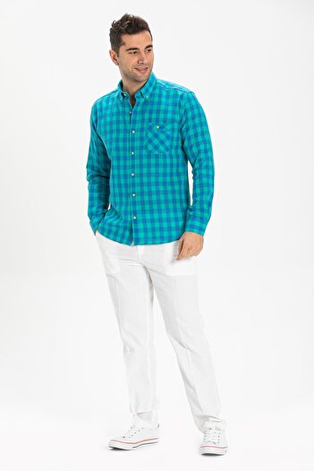 Eliş Şile Bezi Long Sleeve Slim Fit Şile Cloth Single Pocket Men's Summer Shirt Mint Checkered 3033