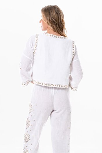 Eliş Şile Bezi White Embroidered Muslin Vest - Sleeveless Casual Collar, Summer