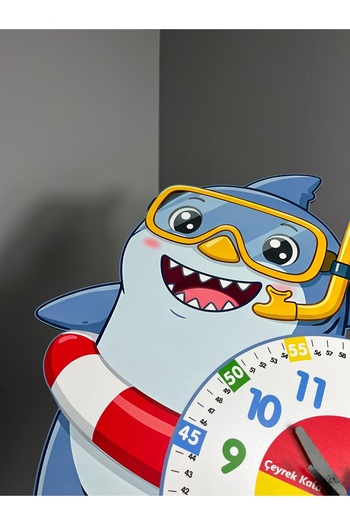 karbonsoft Cute Diver Shark Montessori Kids Room Educational Wooden Wall Clock - Silent Mechanism