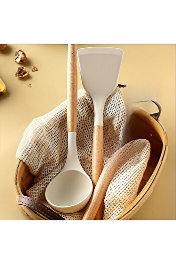 Fİ HOME 2 Pieces Bamboo Handle Silicone Spatula and Ladle