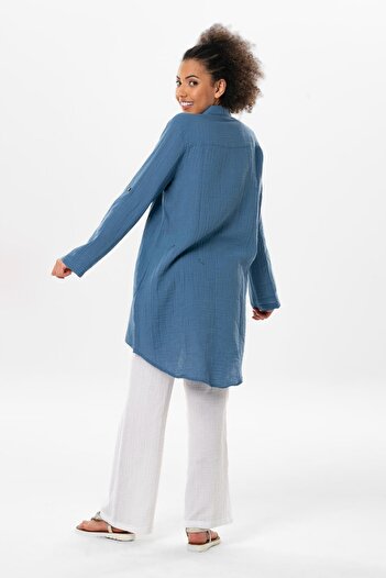 Eliş Şile Bezi Long Foldable Sleeve Sedentary Shirt Collar Summer Muslin Tunic Indigo indg