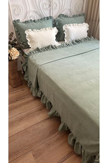 Decamor home Vintage Adaçayı Yeşili Fırfırlı Yatak Örtüsü Çift Kişilik 3 Parça