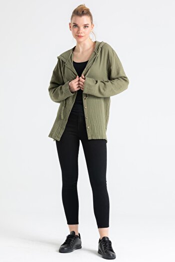 Eliş Şile Bezi Long Sleeve Hooded Women's Summer Muslin Sweatshirt Khaki Hk