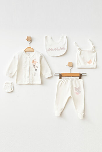 Aziz Bebe Baby Girl Butterfly Embroidered 5' Hospital Discharge Set 0 Month - 3 Month
