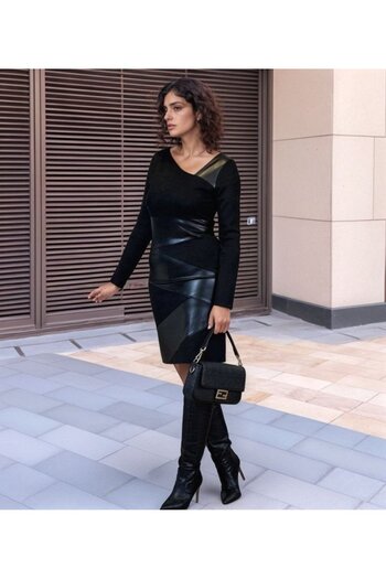 Nnstartshopping Women's Long Sleeve Asymmetrical Lapel Suede And Leather Mini Size Dress