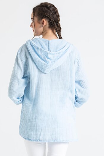 Eliş Şile Bezi Long Sleeve Hooded Women's Summer Muslin Sweatshirt Ice Blue Bmv