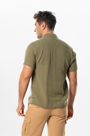 Eliş Şile Bezi Short Sleeve Men's Summer Muslin Shirt Khaki Hk