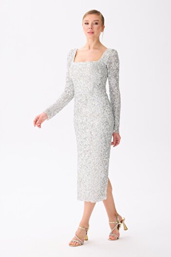 Carmen Silver Long Sleeve Sequined Evening Dress