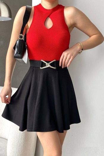 WOMAN VISION Women's Modern Cut Sleeveless Collar Detailed Red Blouse 0285