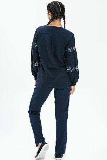 Eliş Şile Bezi Navy Blue Long Sleeve Şile Cloth and Ayşe Summer Blouse