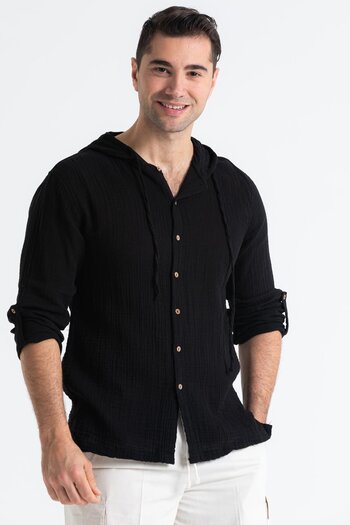 Eliş Şile Bezi Long Sleeve Men's Hooded Summer Muslin Sweatshirt Black Syh