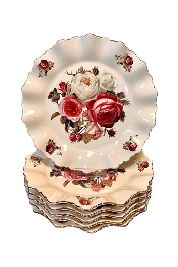 ROY KING Porcelain 6-Piece Cake Plate Cream Gold Rose Pattern Rose 20 cm