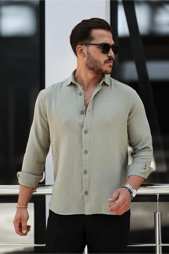 Valiberta Breathable Half Oversize Muslin Fabric Men's Shirt with Long Sleeve Collar - Light Khaki