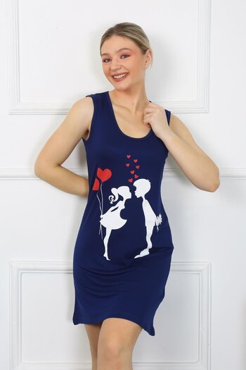 Akbeniz Women's Thick Strap Combed Cotton Above Knee Navy Blue Nightgown 11310