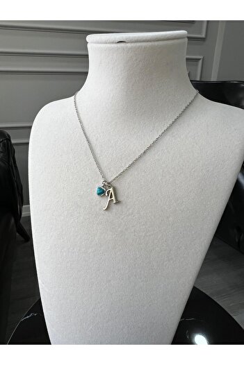 Store Letter a Necklace Natural Stone Turquoise with Heart Charm with Steel Chain