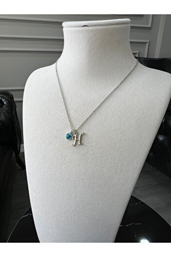 Store H Letter Necklace Natural Stone Turquoise Heart Charm with Steel Chain
