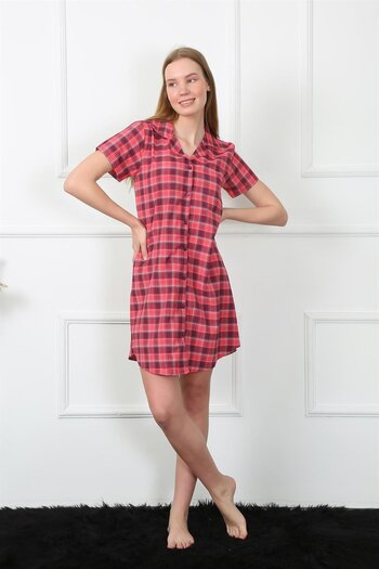 Akbeniz Red Women's Tunic Nightgown - Buttoned Front, Woven Fabric 1030