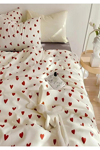 Sheri Home Yeni Kırmızı Kalp Çift Kişilik Nevresim Takımı Tr888736636557721