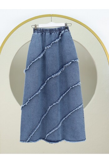 Modamorfo Tassel Detailed Elastic Waist Denim Skirt -Indigo