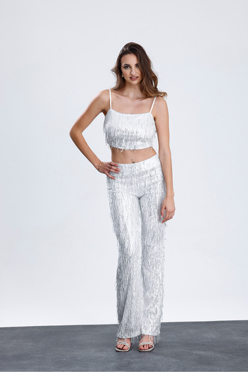 Sense Lined Flexible Waist Sequin Sequin Evening Dress Pants |   Pnt36031 Silver