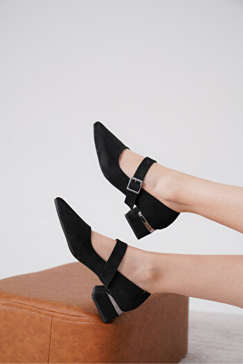 Moda Değirmeni Black Suede Women's Stone Buckle Detailed Thick Heeled Stylish Classic to Md1708-119-0002