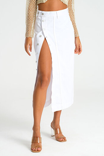 its basic Women's White Color Tilia Front Buttoned Maxi Length Denim Skirt