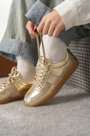 Moda Değirmeni Gold Suede Women's Lace-Up Non-Slip Sole Sneaker Md1095-101-0004