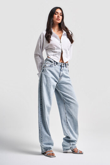 its basic Women's Snow Denim Color Lotus Super Long Baggy Fit Denim
