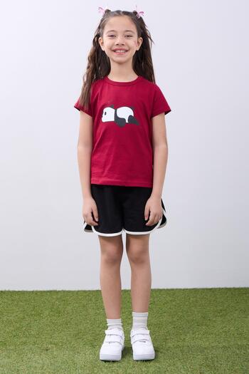 Perendi Girl's Cherry Panda Printed Short Sleeve T-Shirt and Black Shorts Set