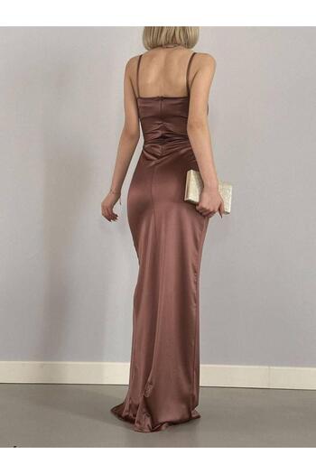 Modafeminen Siete Rope Strap Slit Satin Evening Dress 582177   Coffee