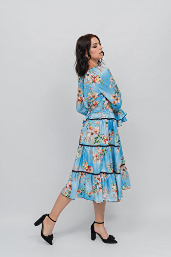Gorgeaux Rochie Albastra cu Imprimeu Floral Ella - XL(42)