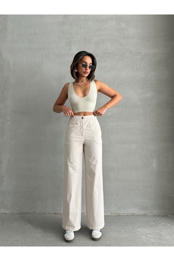 Miss Prova Cream Color Wide Leg High Waist Parachute Linen Trousers Misspa551