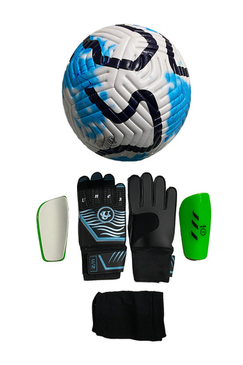 unes 5 No Blue Striped Football Goalkeeper Gloves and Shin Guard Set of 3 (Pump Gift)