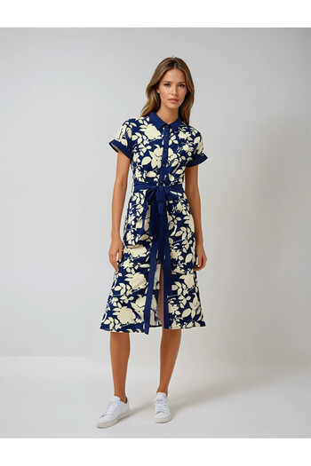 hazelin Navy Blue Cream Belted Floral Patterned Viscose Dress Hzl24S-Bd 124551