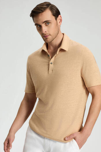 Hemington Pure Linen Sand Color Polo Neck T-Shirt