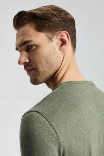 Hemington Saf Keten Haki Bisiklet Yaka T-Shirt