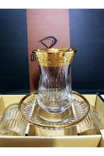 DECOSTYLE Ajda Paşabahçe Decorated Gold Gilded Super Patterned Glass Plate 12 Piece Tea Set