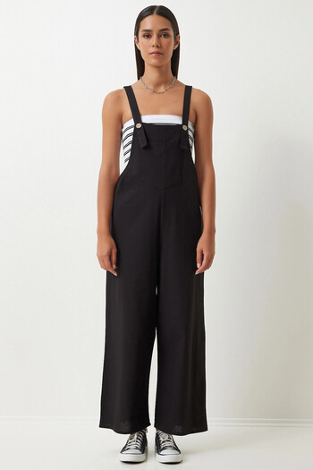 bacc Women's Dark Black Summer Gabardine Gardener Overalls with Front Pocket and Straps