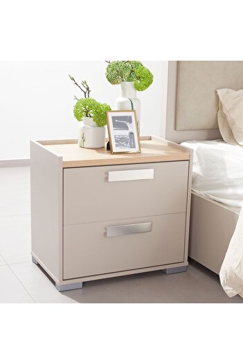 Danube Home Cardano Night Stand Multifunctional Bedside Table-Natural Oak/ Champagne L60xW39xH53cm