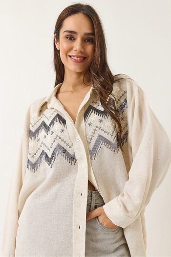Bianco Lucci Women's Stone Embroidered Oversize Linen Shirt 6231 60283111