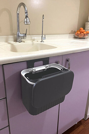 Flora 8 litre Askılı Dolap Çöp Kovası, Mutfak Banyo Tezgah Üstü Dolap Askılı Çöp Kovası 8 lt Gri