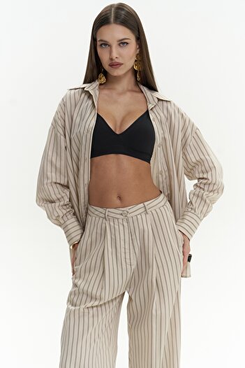 MAİ COLLECTİON Berlin Striped Beige Shirt Pants Set