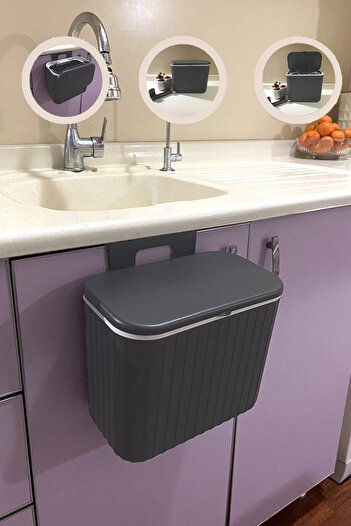 Flora 8 litre Askılı Dolap Çöp Kovası, Mutfak Banyo Tezgah Üstü Dolap Askılı Çöp Kovası 8 lt Gri