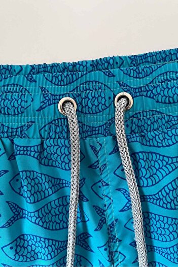 AYYILDIZ 845 Men's Turquoise Fish Patterned Swim Shorts