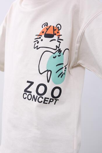 Perendi 100% Cotton Double Zoo Printed T-Shirt - Double Boy Oversize T-Shirt Stone/Khaki