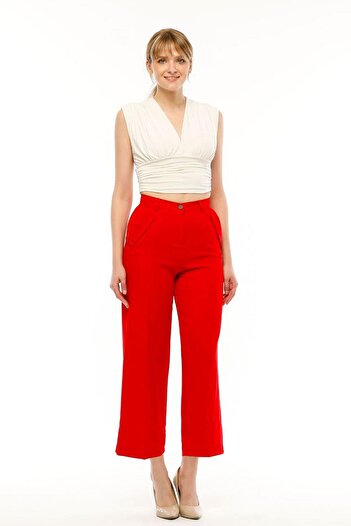 dk denemekabini Women's Red High Waist Pocket Flap Palazzo Pants Well Fitting