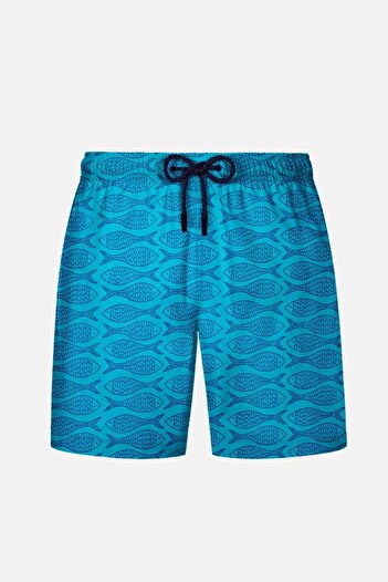 AYYILDIZ 845 Men's Turquoise Fish Patterned Swim Shorts