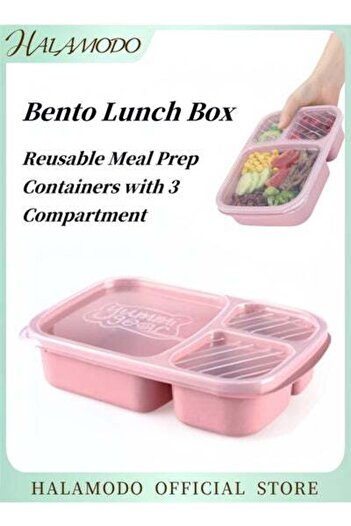 HALAMODO Bento Lunch Box 3 Compartment Wheat Straw Prep Containers Stackable Lunch Box Containers for Adults
