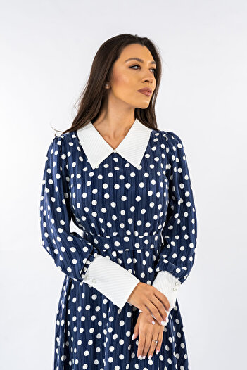 Gorgeaux Rochie Albastra cu Buline Albe Nada - L(40)