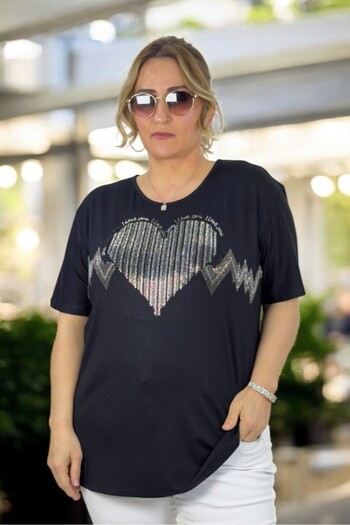 yagmurberen Heart Patterned Stone Embroidered Crewneck Large Size Bluz